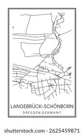Hand drawn printable downtown road map poster of borough LANGEBRÜCK-SCHÖNBORN of the German city of DRESDEN on solid white background with city name