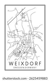 Hand drawn printable downtown road map poster of borough WEIXDORF of the German city of DRESDEN on solid white background with city name