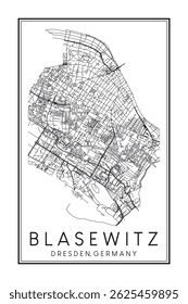 Hand drawn printable downtown road map poster of borough BLASEWITZ of the German city of DRESDEN on solid white background with city name