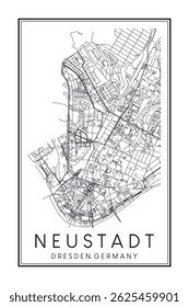 Hand drawn printable downtown road map poster of borough NEUSTADT of the German city of DRESDEN on solid white background with city name
