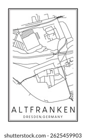 Dibujado a mano imprimible mapa de la carretera del centro cartel de la ciudad ALTFRANKEN de la ciudad alemana de DRESDE sobre fondo blanco sólido con nombre de la ciudad
