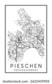 Hand drawn printable downtown road map poster of borough PIESCHEN of the German city of DRESDEN on solid white background with city name