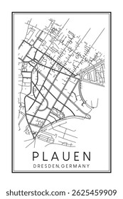 Hand drawn printable downtown road map poster of borough PLAUEN of the German city of DRESDEN on solid white background with city name