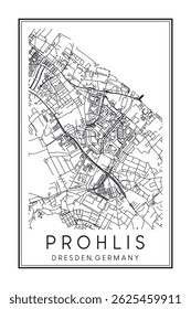 Hand drawn printable downtown road map poster of borough PROHLIS of the German city of DRESDEN on solid white background with city name