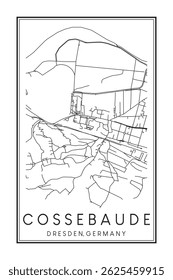 Hand drawn printable downtown road map poster of borough COSSEBAUDE of the German city of DRESDEN on solid white background with city name