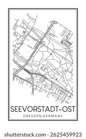 Hand drawn printable downtown road map poster of borough SEEVORSTADT-OST, GROSSER GARTEN MIT STREHLEN-NORDWEST of the German city of DRESDEN on solid white background with city name