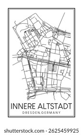 Hand drawn printable downtown road map poster of borough INNERE ALTSTADT of the German city of DRESDEN on solid white background with city name