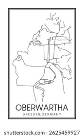 Hand drawn printable downtown road map poster of borough OBERWARTHA of the German city of DRESDEN on solid white background with city name