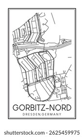 Hand drawn printable downtown road map poster of borough GORBITZ-NORD-NEUOMSEWITZ of the German city of DRESDEN on solid white background with city name