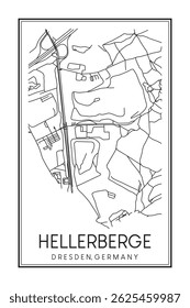 Hand drawn printable downtown road map poster of borough HELLERBERGE of the German city of DRESDEN on solid white background with city name
