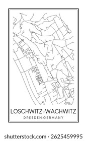Hand drawn printable downtown road map poster of borough LOSCHWITZ-WACHWITZ of the German city of DRESDEN on solid white background with city name