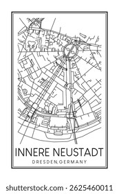 Hand drawn printable downtown road map poster of borough INNERE NEUSTADT of the German city of DRESDEN on solid white background with city name