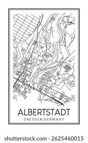 Hand drawn printable downtown road map poster of borough ALBERTSTADT of the German city of DRESDEN on solid white background with city name