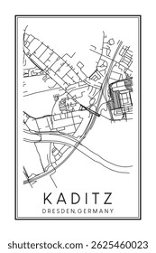 Hand drawn printable downtown road map poster of borough KADITZ of the German city of DRESDEN on solid white background with city name