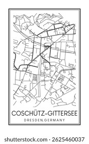 Hand drawn printable downtown road map poster of borough COSCHÜTZ-GITTERSEE of the German city of DRESDEN on solid white background with city name