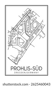 Hand drawn printable downtown road map poster of borough PROHLIS-SÜD of the German city of DRESDEN on solid white background with city name