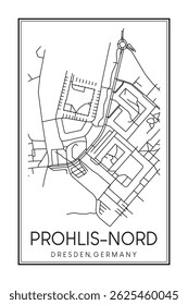 Hand drawn printable downtown road map poster of borough PROHLIS-NORD of the German city of DRESDEN on solid white background with city name