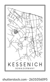 Cartaz desenhado à mão do mapa de estrada do centro de KESSENICH do bairro da cidade alemã de BONN sobre fundo branco sólido com o nome da cidade