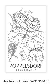 Poster desenhado à mão do mapa rodoviário do centro de impressão do bairro POPPELSDORF da cidade alemã de BONN sobre fundo branco sólido com nome da cidade