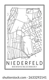 Hand drawn printable downtown road map poster of borough NIEDERFELD of the German city of MANNHEIM on solid white background with city name