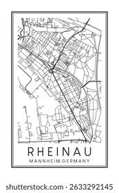 Dibujado a mano imprimible mapa de la carretera del centro del cartel de borough RHEINAU de la ciudad alemana de MANNHEIM sobre fondo blanco sólido con nombre de la ciudad
