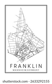 Hand drawn printable downtown road map poster of borough FRANKLIN of the German city of MANNHEIM on solid white background with city name