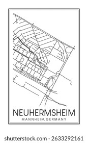 Hand drawn printable downtown road map poster of borough NEUHERMSHEIM of the German city of MANNHEIM on solid white background with city name