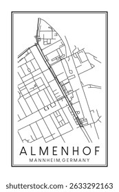 Hand drawn printable downtown road map poster of borough ALMENHOF of the German city of MANNHEIM on solid white background with city name