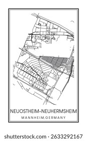 Hand drawn printable downtown road map poster of borough NEUOSTHEIM-NEUHERMSHEIM of the German city of MANNHEIM on solid white background with city name