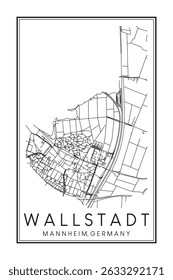 Dibujado a mano imprimible mapa de la carretera del centro de la ciudad de WALLSTADT de la ciudad alemana de MANNHEIM sobre fondo blanco sólido con el nombre de la ciudad