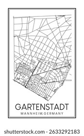 Cartaz desenhado à mão do mapa de estrada do centro de impressão do bairro GARTENSTADT da cidade alemã de MANNHEIM no fundo branco sólido com o nome da cidade