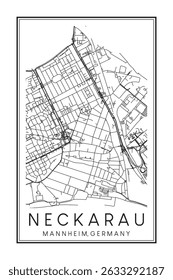 Dibujado a mano imprimible mapa de la carretera del centro cartel de la ciudad NECKARAU de la ciudad alemana de MANNHEIM sobre fondo blanco sólido con nombre de la ciudad