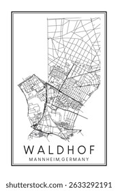 Hand drawn printable downtown road map poster of borough WALDHOF of the German city of MANNHEIM on solid white background with city name