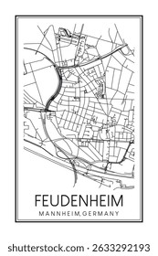 Dibujado a mano imprimible mapa de la carretera del centro de la ciudad de FEUDENHEIM de la ciudad alemana de MANNHEIM sobre fondo blanco sólido con el nombre de la ciudad