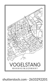 Hand drawn printable downtown road map poster of borough VOGELSTANG of the German city of MANNHEIM on solid white background with city name