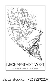 Dibujado a mano imprimible mapa de la carretera del centro de la ciudad de NECKARSTADT-WEST de la ciudad alemana de MANNHEIM sobre fondo blanco sólido con el nombre de la ciudad