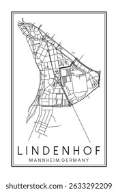 Hand drawn printable downtown road map poster of borough LINDENHOF of the German city of MANNHEIM on solid white background with city name