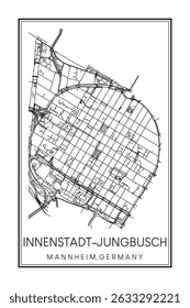 Hand drawn printable downtown road map poster of borough INNENSTADT-JUNGBUSCH of the German city of MANNHEIM on solid white background with city name