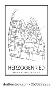 Hand drawn printable downtown road map poster of borough HERZOGENRIED of the German city of MANNHEIM on solid white background with city name