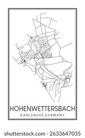 Hand drawn printable downtown road map poster of borough HOHENWETTERSBACH of the German city of KARLSRUHE on solid white background with city name