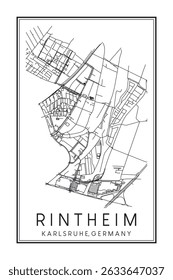 Hand drawn printable downtown road map poster of borough RINTHEIM of the German city of KARLSRUHE on solid white background with city name
