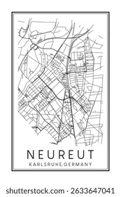 Dibujado a mano imprimible mapa de la carretera del centro de la ciudad de NEUREUT de la ciudad alemana de KARLSRUHE sobre fondo blanco sólido con el nombre de la ciudad