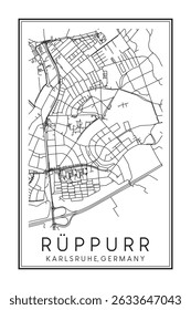 Handgezeichnetes, druckbares Straßenkartenplakat des Bezirks RÜPPURR der deutschen Stadt KARLSRUHE auf einfarbigem, weißem Hintergrund mit Stadtname