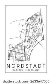 Hand drawn printable downtown road map poster of borough NORDSTADT of the German city of KARLSRUHE on solid white background with city name