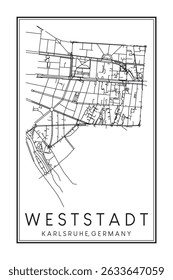 Dibujado a mano imprimible mapa de la carretera del centro cartel de la ciudad WESTSTADT de la ciudad alemana de KARLSRUHE sobre fondo blanco sólido con el nombre de la ciudad