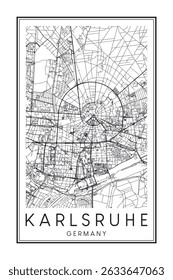 Hand drawn printable downtown road map poster of the German city of KARLSRUHE on solid white background with city name