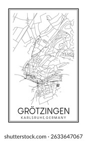 Hand drawn printable downtown road map poster of borough GRÖTZINGEN of the German city of KARLSRUHE on solid white background with city name
