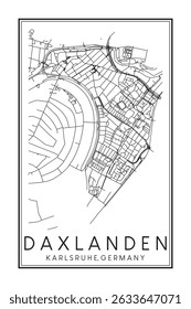 Hand drawn printable downtown road map poster of borough DAXLANDEN of the German city of KARLSRUHE on solid white background with city name
