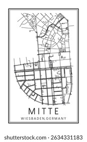 Handgezeichnetes, druckbares Straßenkartenplakat des Bezirks MITTE der deutschen Stadt WIESBADEN auf einfarbigem, weißem Hintergrund mit Ortsnamen