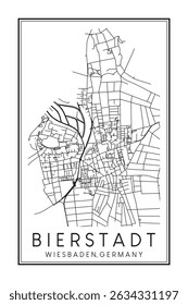 Cartaz do mapa rodoviário do centro de impressão desenhado à mão do bairro BIERSTADT da cidade alemã de WIESBADEN no fundo branco sólido com o nome da cidade